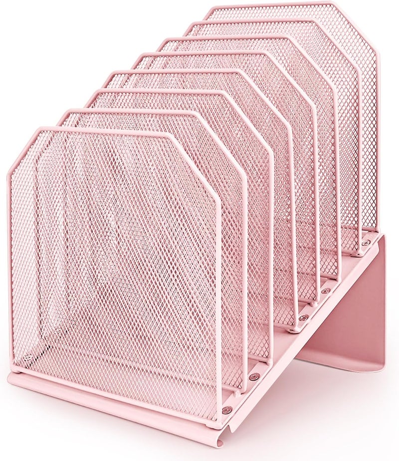 SUMMORE Inclined File Organizer for Desk, 7-Tier Vertical File Folder Holder Office Desk Organizer Metal Rack File Wire Mesh Desktop Document Sorter for Office School Classroom Home (Pink) - Image 1